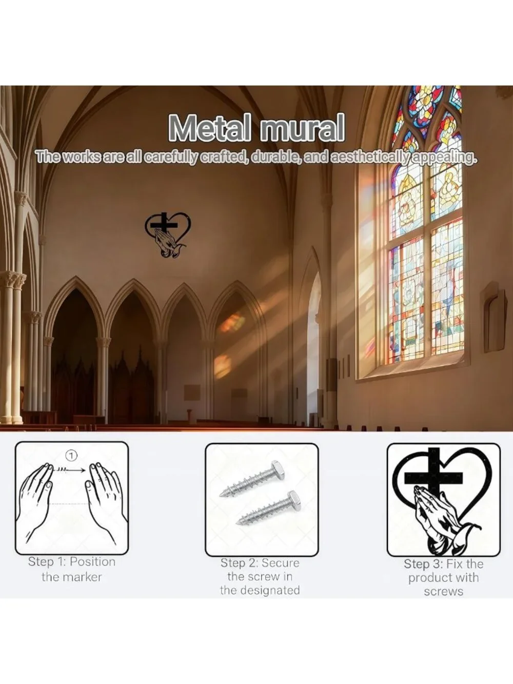 Christian Metal Cross Wall Decor with Sacred Heart & Praying Hands - Farmhouse